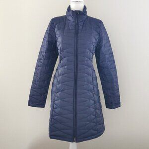 Patagonia Women's Navy Quilted Long Down Puffer Coat- 2-Way Zip, M, Flaws